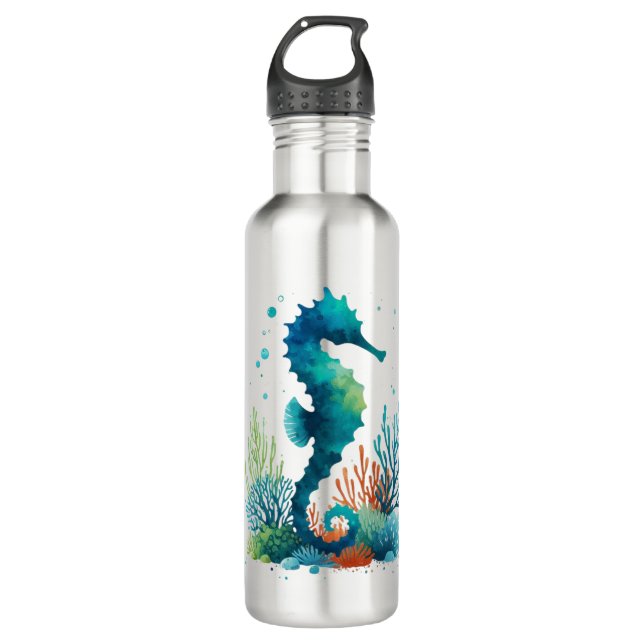 nautical/beach/coastal seahorse art 710 ml water bottle (Front)