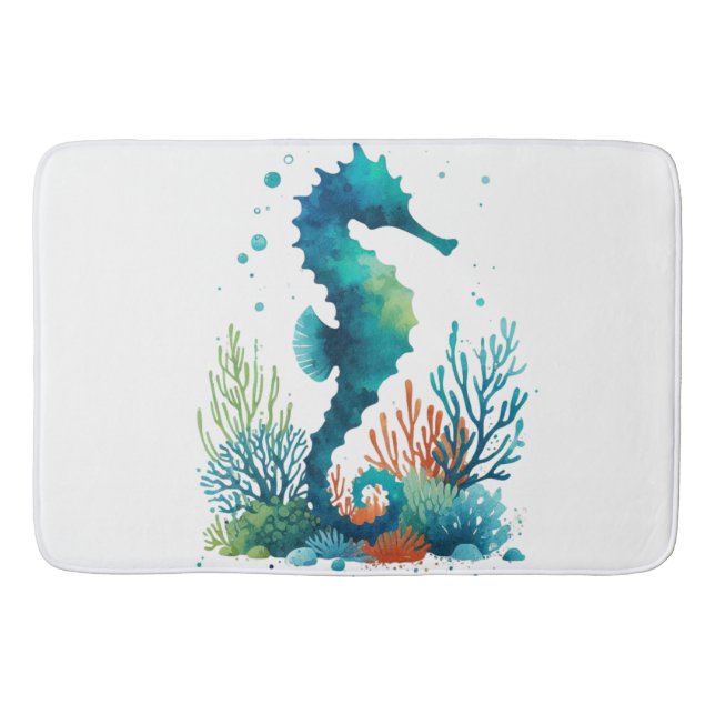 nautical/beach/coastal seahorse art bath mat (Front)
