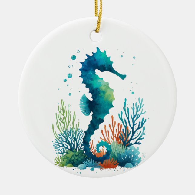 nautical/beach/coastal seahorse art ceramic tree decoration (Front)