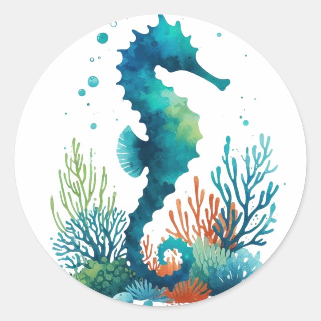 nautical/beach/coastal seahorse art classic round sticker (Front)
