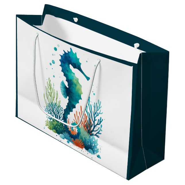 nautical/beach/coastal seahorse art large gift bag (Front Angled)