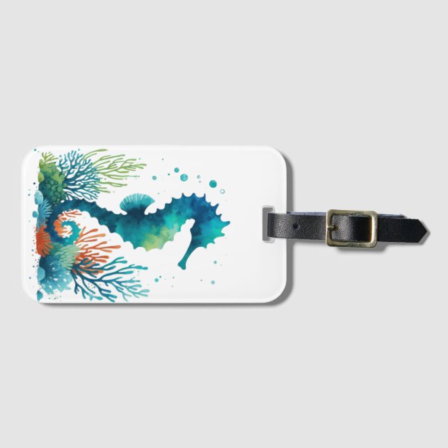 nautical/beach/coastal seahorse art luggage tag (Front Horizontal)