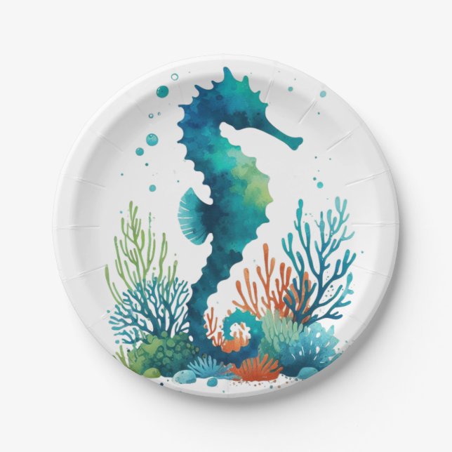 nautical/beach/coastal seahorse art paper plate (Front)