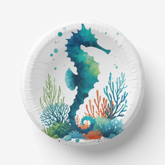 nautical/beach/coastal seahorse art paper plate (Front)