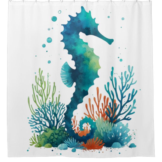 nautical/beach/coastal seahorse art shower curtain (Front)