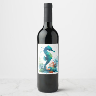 nautical/beach/coastal seahorse art wine label