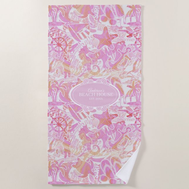 Nautical Beach Collage Hot Pink ID840 Beach Towel (Front)