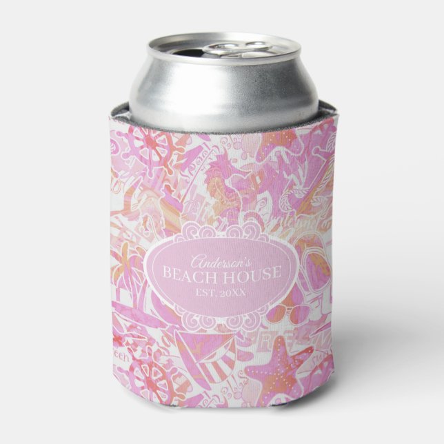 Nautical Beach Collage Hot Pink ID840 Can Cooler (Can Front)