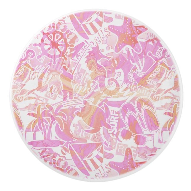 Nautical Beach Collage Hot Pink ID840 Ceramic Knob (Front)