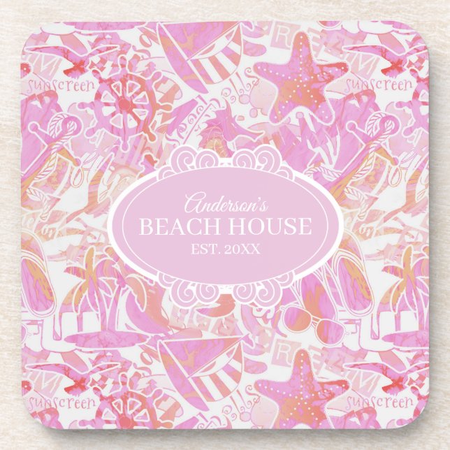 Nautical Beach Collage Hot Pink ID840 Coaster (Front)