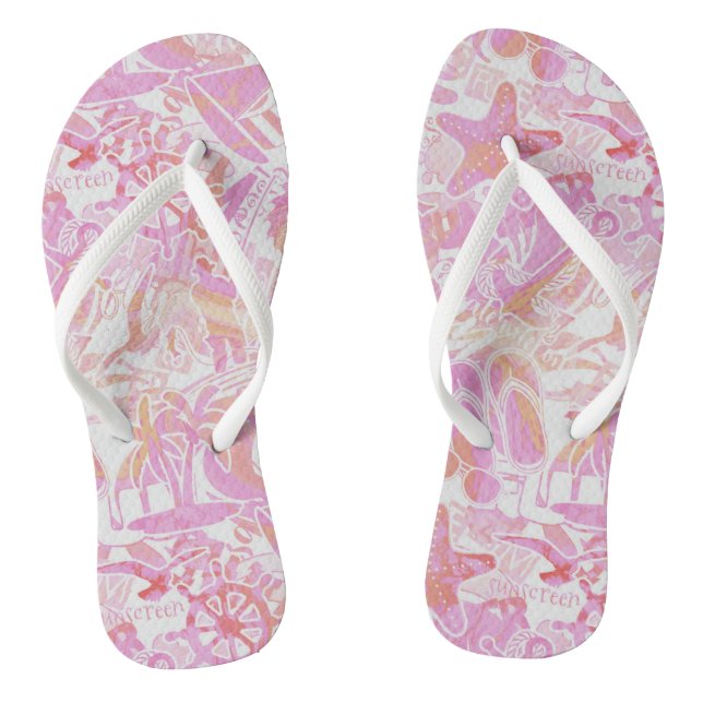 Nautical Beach Collage Hot Pink ID840 Flip Flops (Footbed)