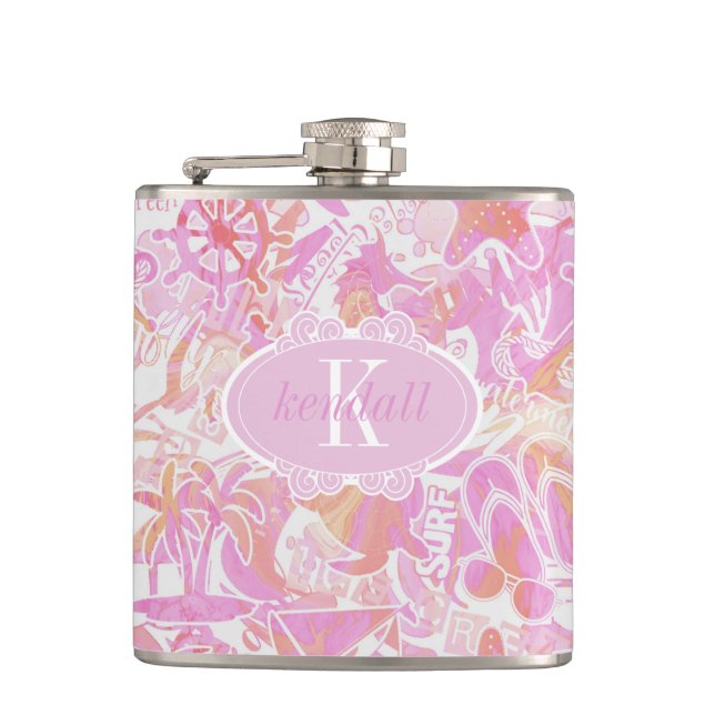 Nautical Beach Collage Hot Pink ID840 Hip Flask (Front)