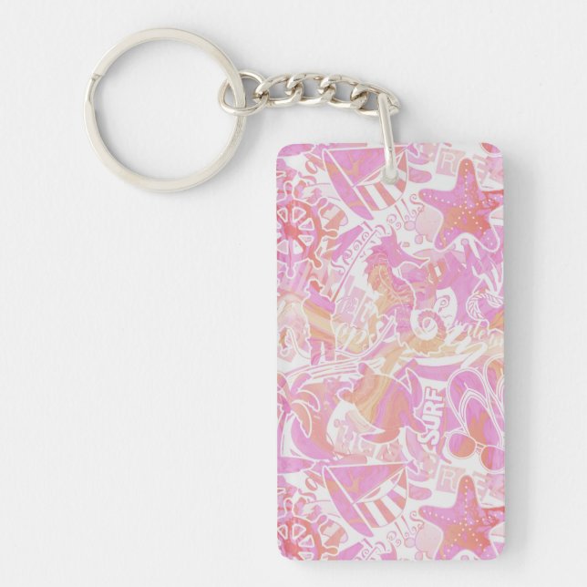 Nautical Beach Collage Hot Pink ID840 Key Ring (Front)