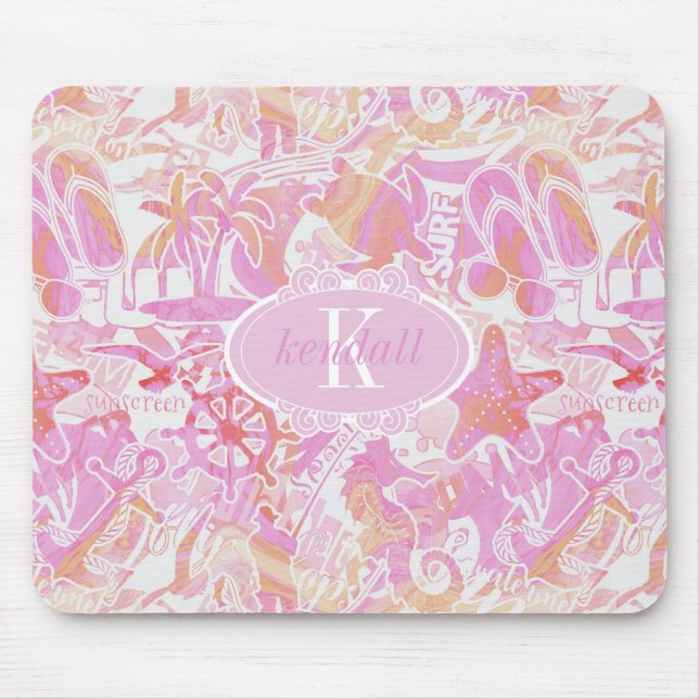 Nautical Beach Collage Hot Pink ID840 Mouse Mat (Front)