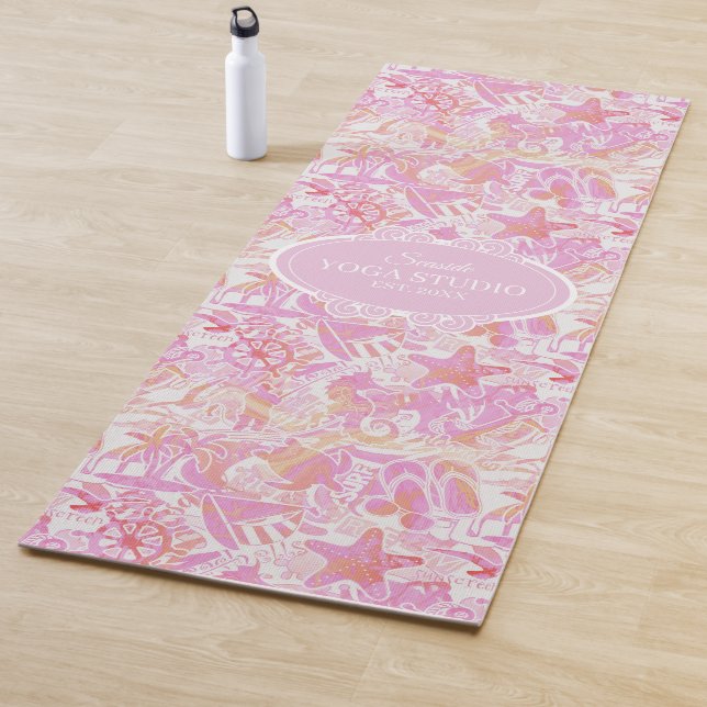 Nautical Beach Collage Hot Pink ID840 Yoga Mat (In Situ)