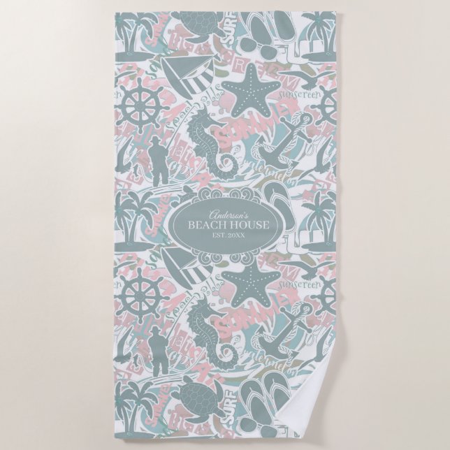 Nautical Beach Collage Sage ID840 Beach Towel (Front)