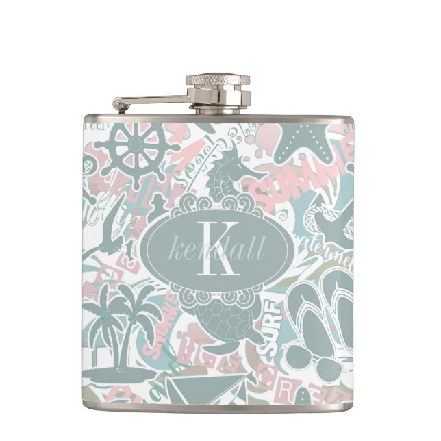 Nautical Beach Collage Sage ID840 Hip Flask (Front)
