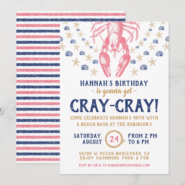 Nautical Beach Crayfish Coral Navy Birthday Party Invitation (Front/Back)