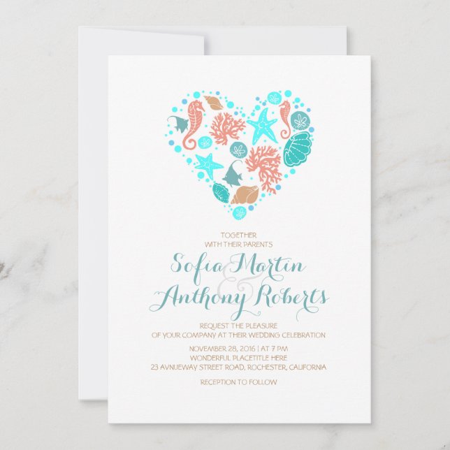 Nautical Beach Heart - Ocean Treasures Wedding Invitation (Front)