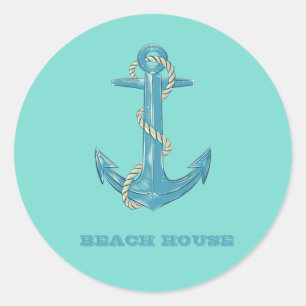 Nautical Beach House,Anchor,Rope,Mint Green Classic Round Sticker