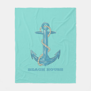Nautical Beach House,Anchor,Rope,Mint Green Fleece Blanket