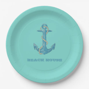 Nautical Beach House,Anchor,Rope,Mint Green   Paper Plate