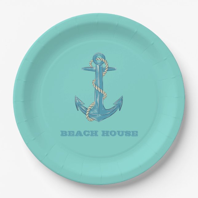 Nautical Beach House,Anchor,Rope,Mint Green   Paper Plate (Front)