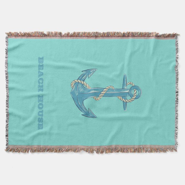 Nautical Beach House,Anchor,Rope,Mint Green   Throw Blanket (Front)