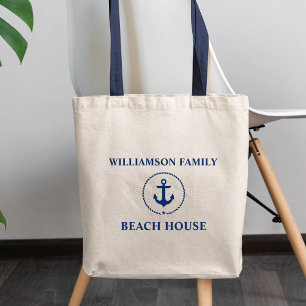 Nautical Beach House Blue Anchor Family Name Tote Bag