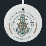 Nautical Beach House Family Christmas Holidays Glass Tree Decoration<br><div class="desc">Cute,  modern and personalised nautical theme featuring an anchor,  a boat wheel,  and a rope with modern typography. Add your family name and the year of to make this a family or team keepsake by clicking the "Personalise" button.</div>
