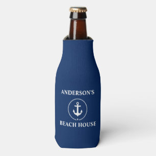 Nautical Beach House Family Name Anchor Blue Bottle Cooler
