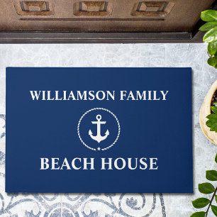 Nautical Beach House Family Name Anchor Blue Large Doormat