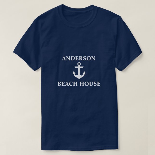 Nautical Beach House Family Name Anchor Blue T-Shirt (Design Front)