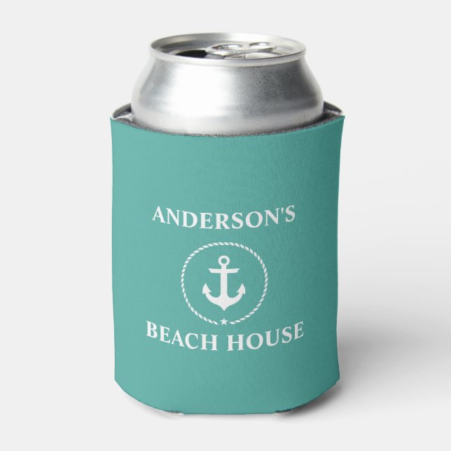 Nautical Beach House Family Name Anchor Can Cooler (Can Front)