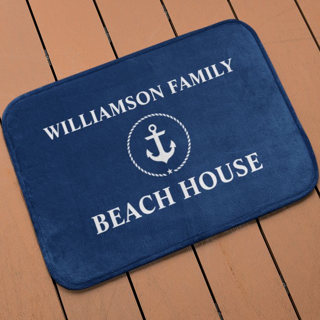 Nautical Beach House Family Name Anchor Navy Blue Bath Mat (Customize to change text style or background color.)