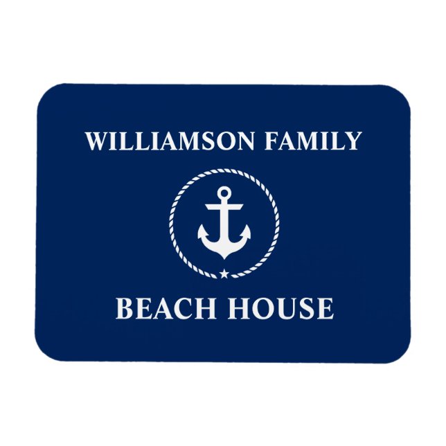Nautical Beach House Family Name Anchor Navy Blue Magnet (Horizontal)