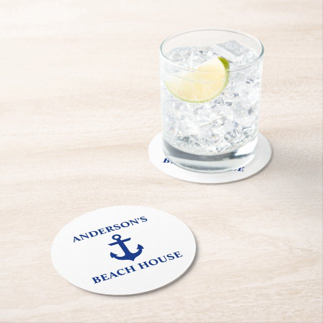 Nautical Beach House Family Name Anchor Round Paper Coaster (Insitu)