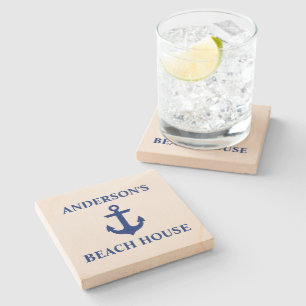 Nautical Beach House Family Name Anchor Sandstone Stone Coaster