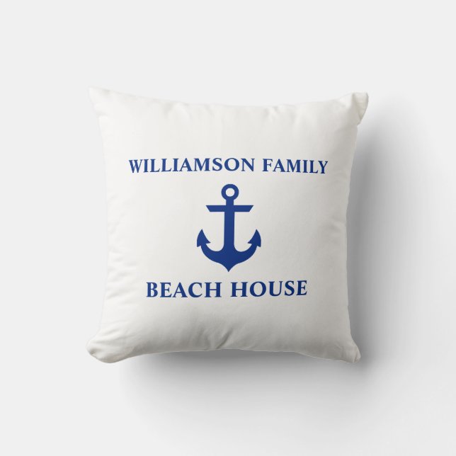 Nautical Beach House Family Name Anchor White Cushion (Front)
