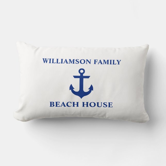Nautical Beach House Family Name Anchor White Lumbar Cushion (Front)