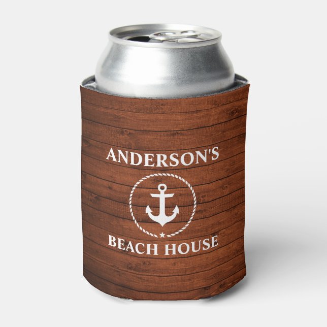 Nautical Beach House Family Name Anchor Wood Can Cooler (Can Front)