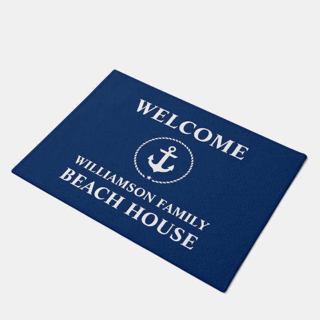 Nautical Beach House Family Name Blue Welcome Doormat (Angled)