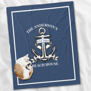 Nautical  Beach House Family Name Est Ship Anchor  Fleece Blanket