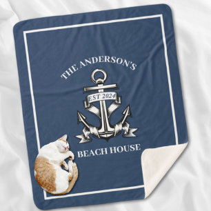 Nautical  Beach House Family Name Est Ship Anchor  Sherpa Blanket