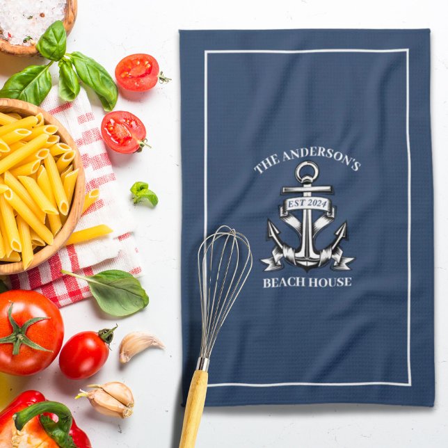Nautical  Beach House Family Name Est Ship Anchor  Tea Towel (Nautical Beach House Family Name Est Ship Anchor Kitchen Towel)