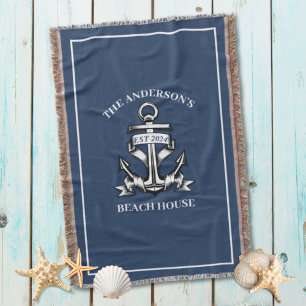 Nautical  Beach House Family Name Est Ship Anchor  Throw Blanket