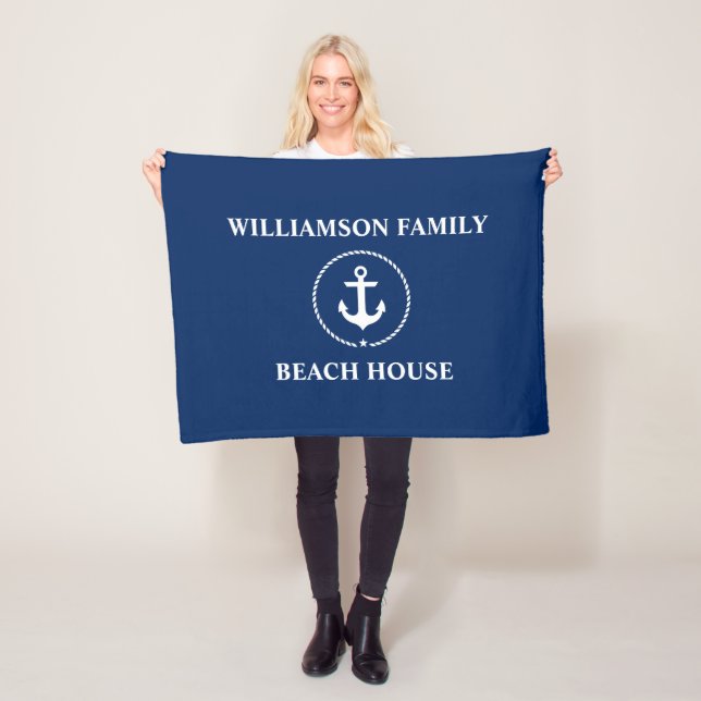 Nautical Beach House Family Name Navy Blue Fleece Blanket (In Situ)