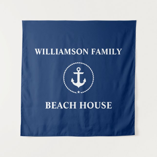 Nautical Beach House Family Name Navy Blue Square Tapestry (Front (Horizontal))