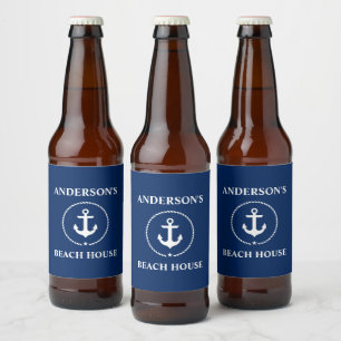 Nautical Beach House Name Anchor Navy Blue Beer Bottle Label