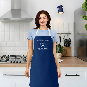 Nautical Beach House Navy Blue Family Name Anchor Apron
